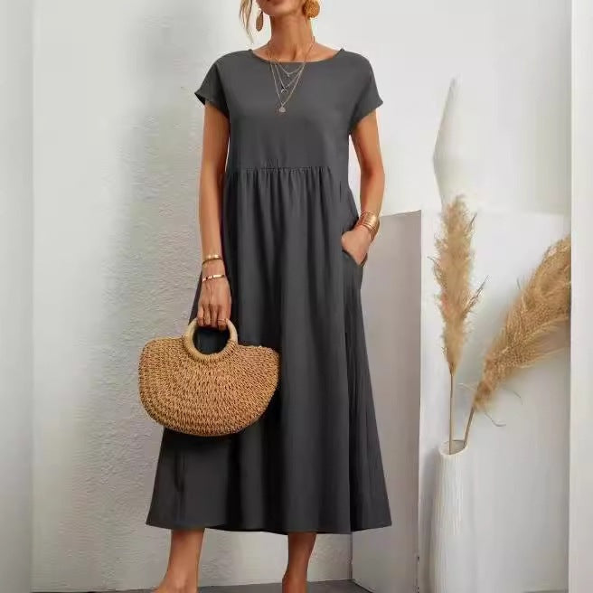 Cutton and Linen Solid Color Sleeveless Loose  Pocket Dress