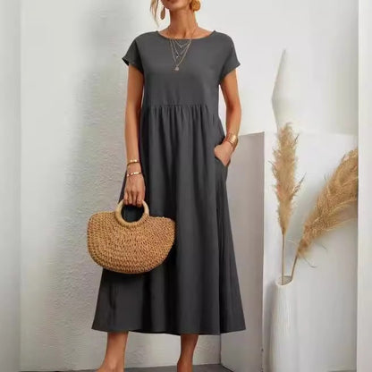 Cutton and Linen Solid Color Sleeveless Loose  Pocket Dress