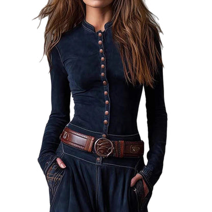 Suede Fabric Patchwork Retro Temperament Dress With Pockets, Buttons And Belt