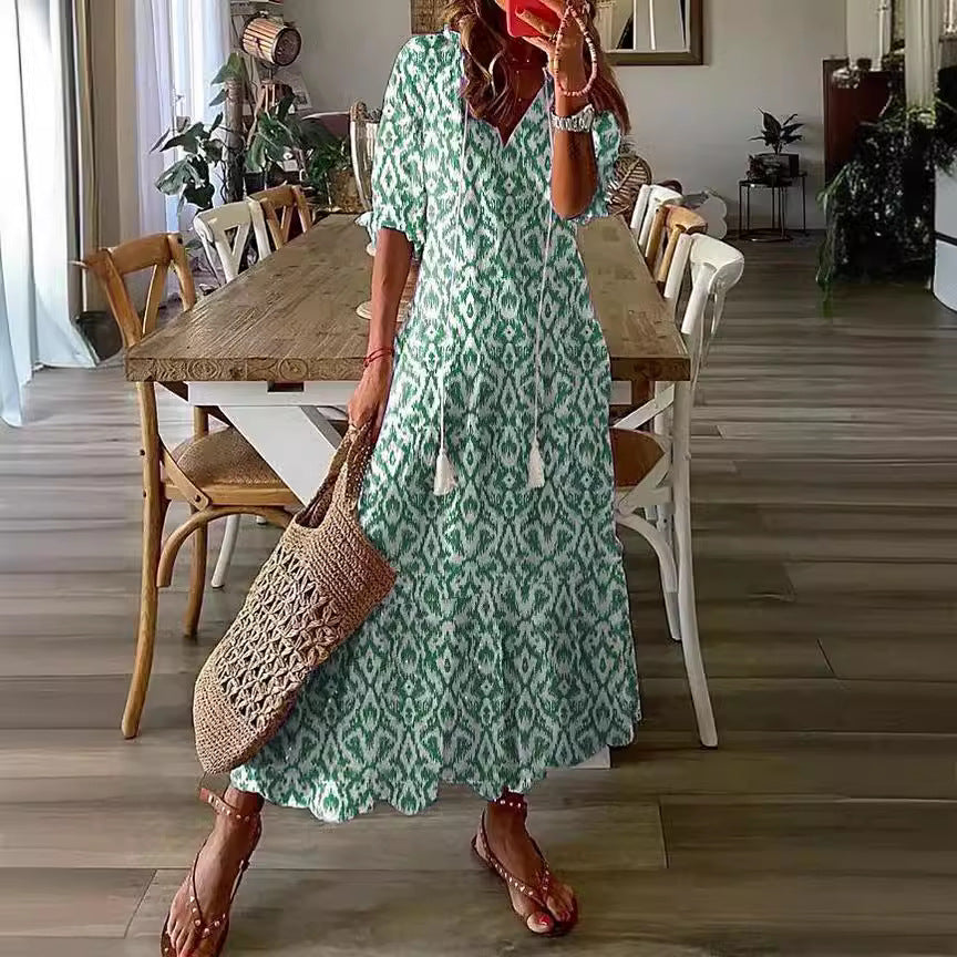 Neck Printed Beard Mid-Sleeve Long Dress For Women In Stock