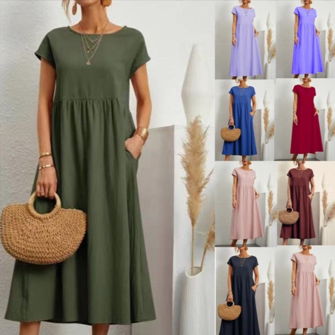 Cutton and Linen Solid Color Sleeveless Loose  Pocket Dress