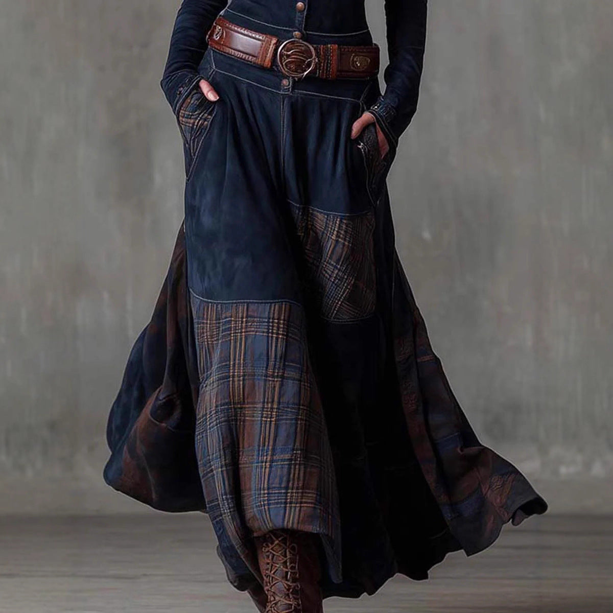 Suede Fabric Patchwork Retro Temperament Dress With Pockets, Buttons And Belt