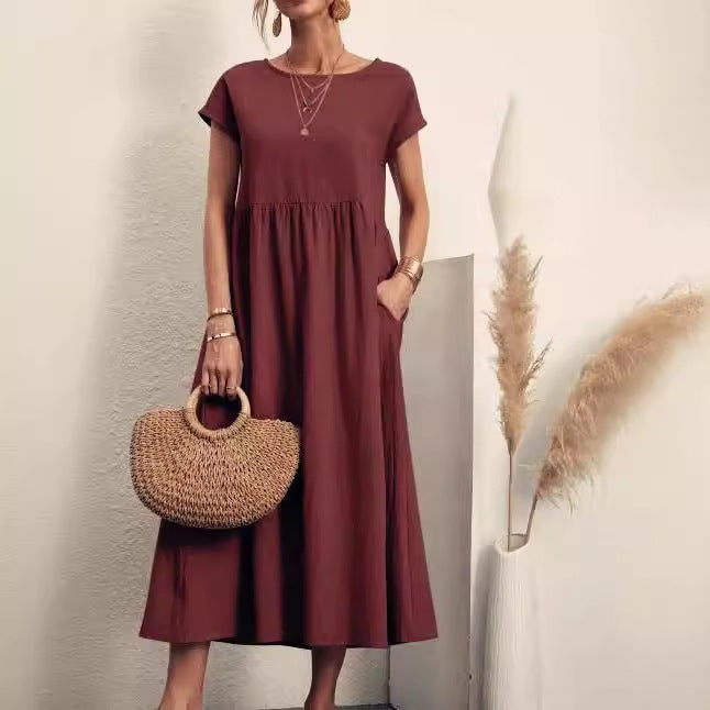 Cutton and Linen Solid Color Sleeveless Loose  Pocket Dress