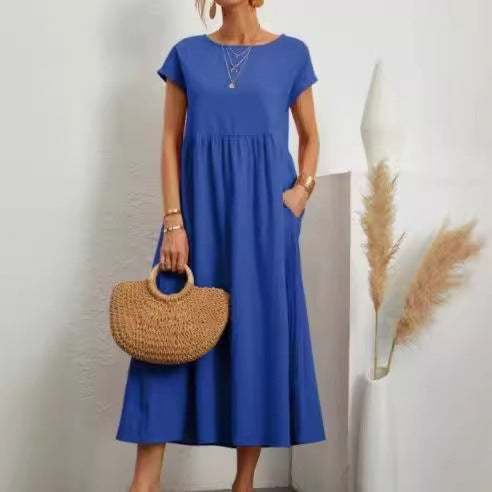 Cutton and Linen Solid Color Sleeveless Loose  Pocket Dress