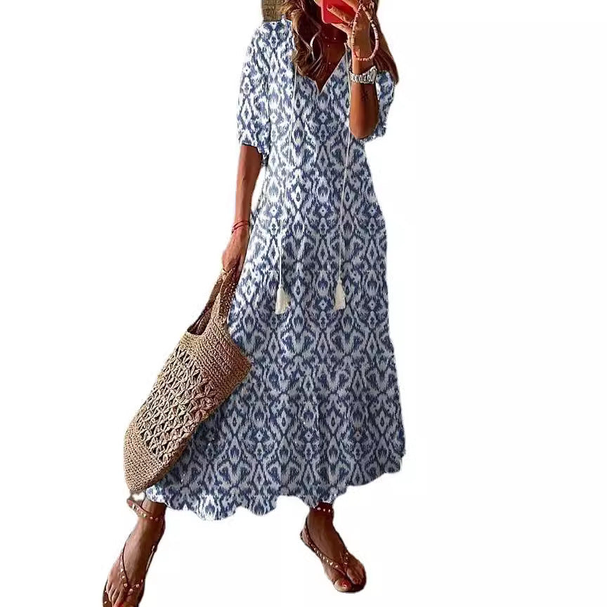 Neck Printed Beard Mid-Sleeve Long Dress For Women In Stock