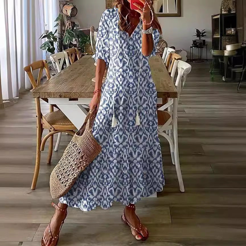 Neck Printed Beard Mid-Sleeve Long Dress For Women In Stock