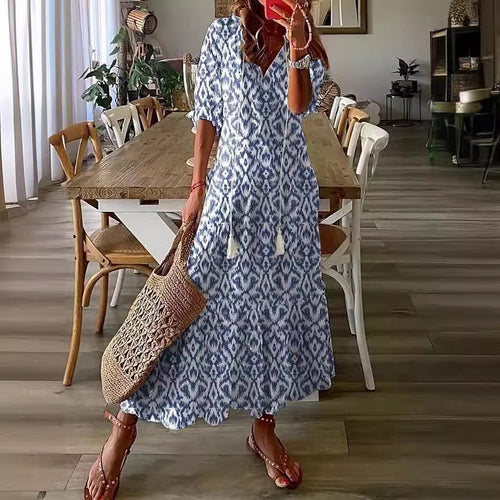 Neck Printed Beard Mid-Sleeve Long Dress For Women In Stock