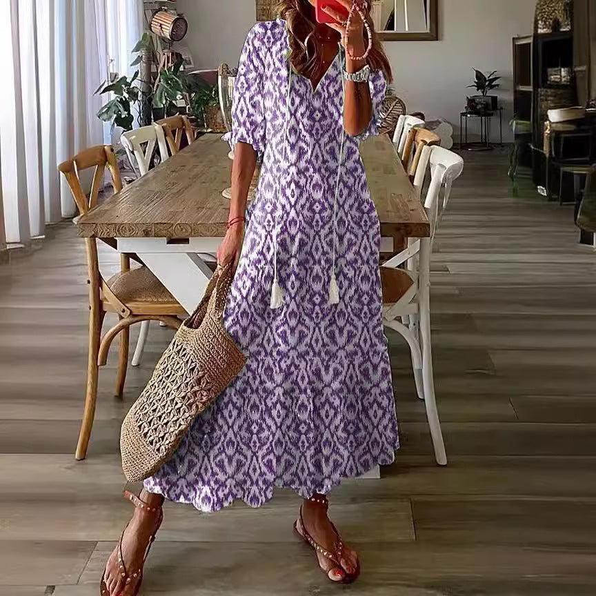 Neck Printed Beard Mid-Sleeve Long Dress For Women In Stock