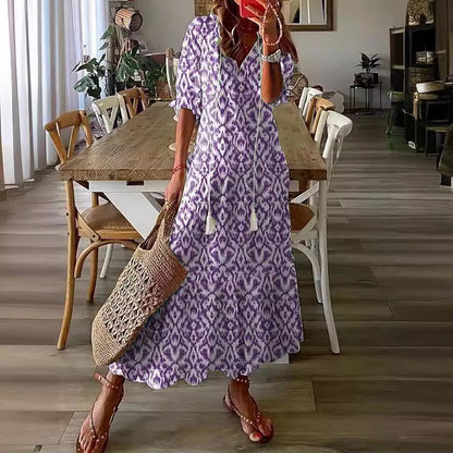Neck Printed Beard Mid-Sleeve Long Dress For Women In Stock