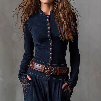 Suede Fabric Patchwork Retro Temperament Dress With Pockets, Buttons And Belt