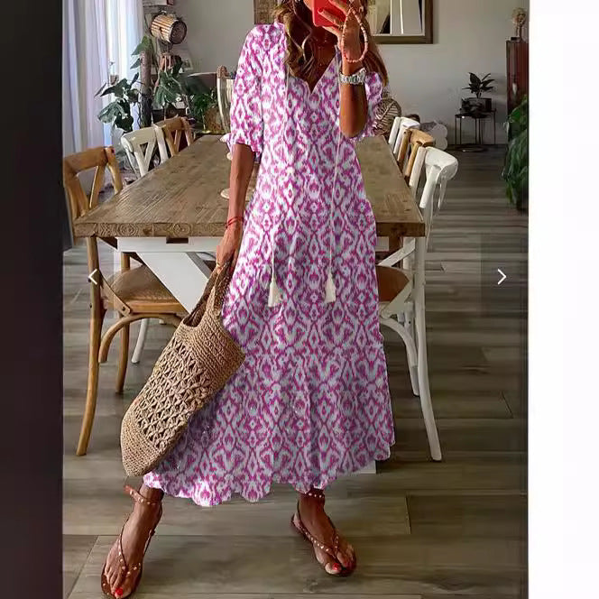 Neck Printed Beard Mid-Sleeve Long Dress For Women In Stock