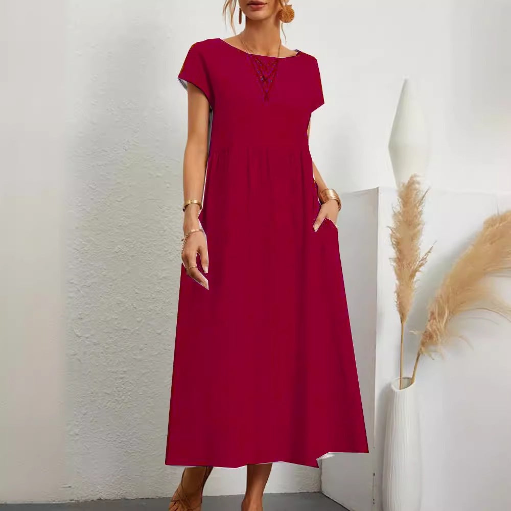 Cutton and Linen Solid Color Sleeveless Loose  Pocket Dress