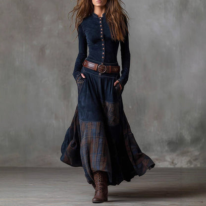 Suede Fabric Patchwork Retro Temperament Dress With Pockets, Buttons And Belt
